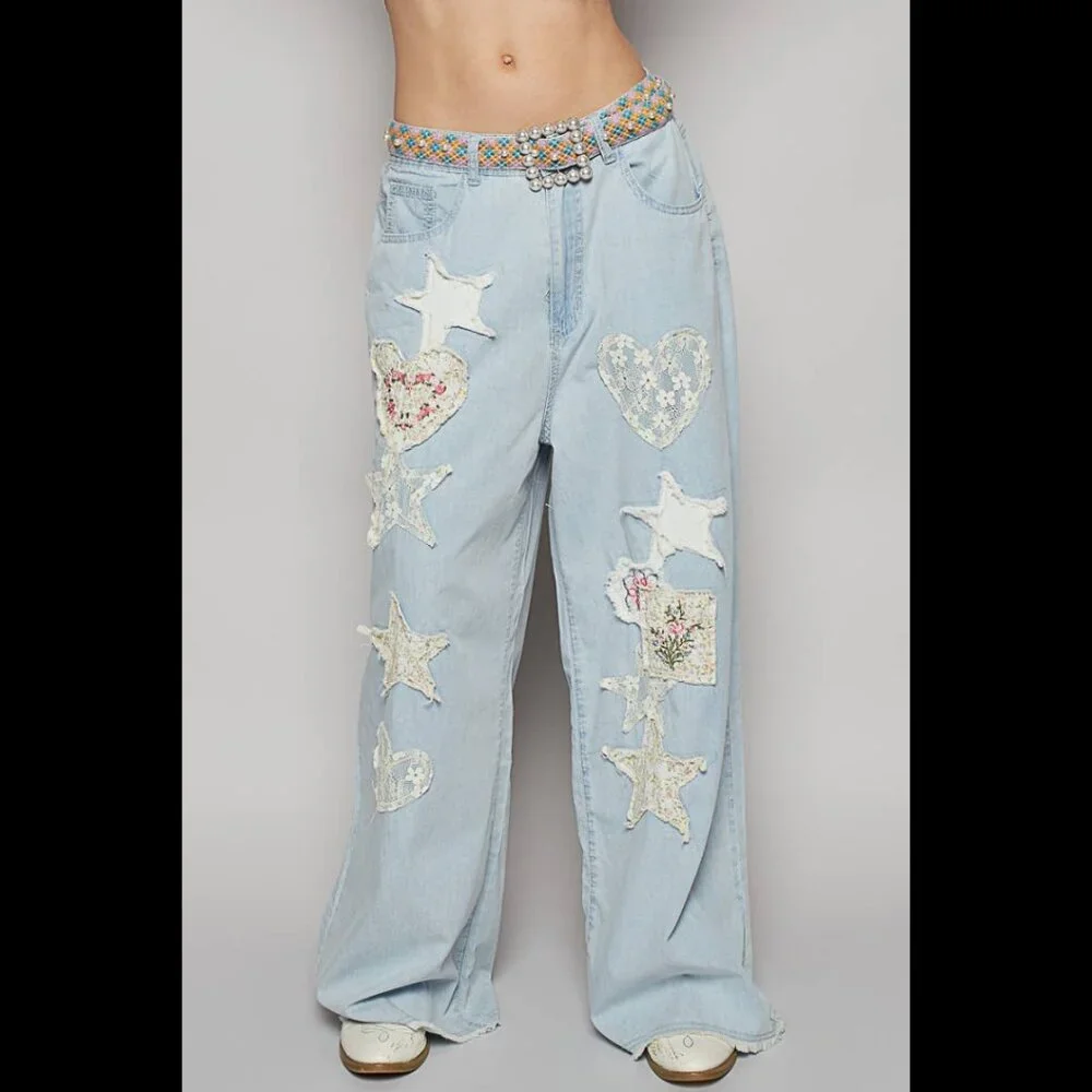 🆕Pol Star Heart Lace Patchwork Blue Denim Wide Leg Pants Size Medium - Picture 1 of 12